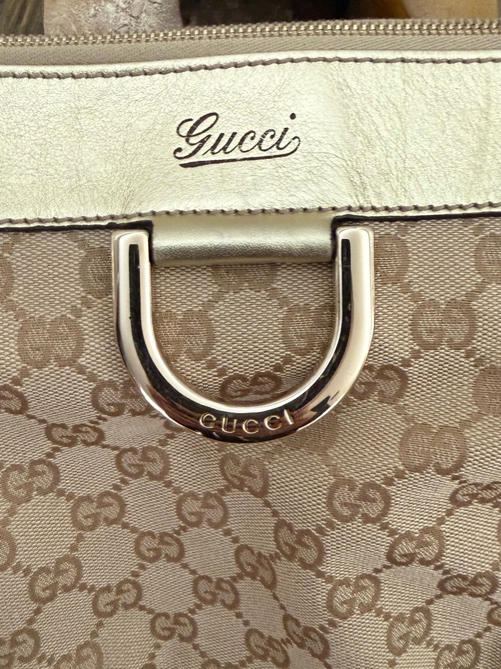 Gucci D-Ring Tote in GG Canvas with Gold Metallic Leather Trim - Picture 3 of 10